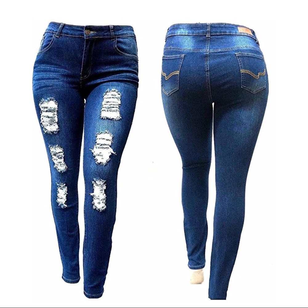 Jack David Womens Plus Size High Waist Distressed Blue Denim Skinny Jeans N605R